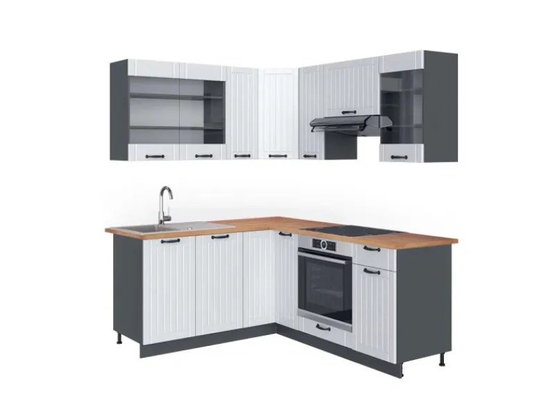 Outlet Vicco Fame-Line Eckküche Weiß Landhaus/Anthrazit 160 x 190 cm AP Eiche ohne E-Geräte Winkelküchen|Küchenschränke