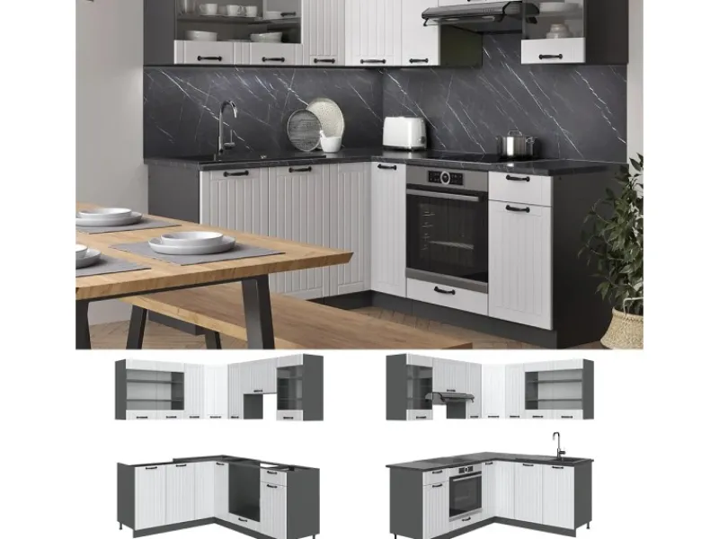 Outlet Vicco Fame-Line Eckküche Weiß Landhaus/Anthrazit 160 x 190 cm AP Eiche ohne E-Geräte Winkelküchen|Küchenschränke