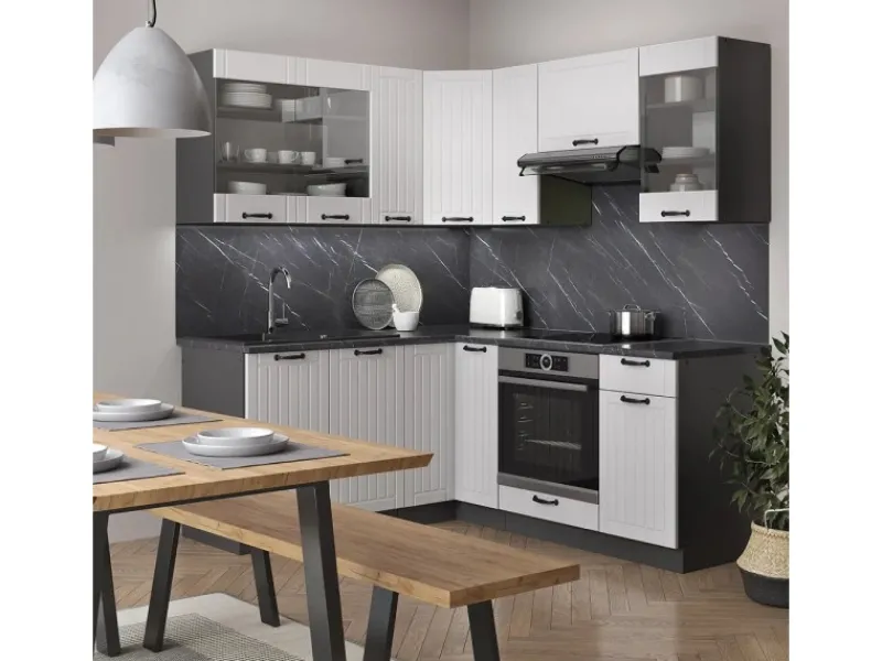 Outlet Vicco Fame-Line Eckküche Weiß Landhaus/Anthrazit 160 x 190 cm AP Eiche ohne E-Geräte Winkelküchen|Küchenschränke