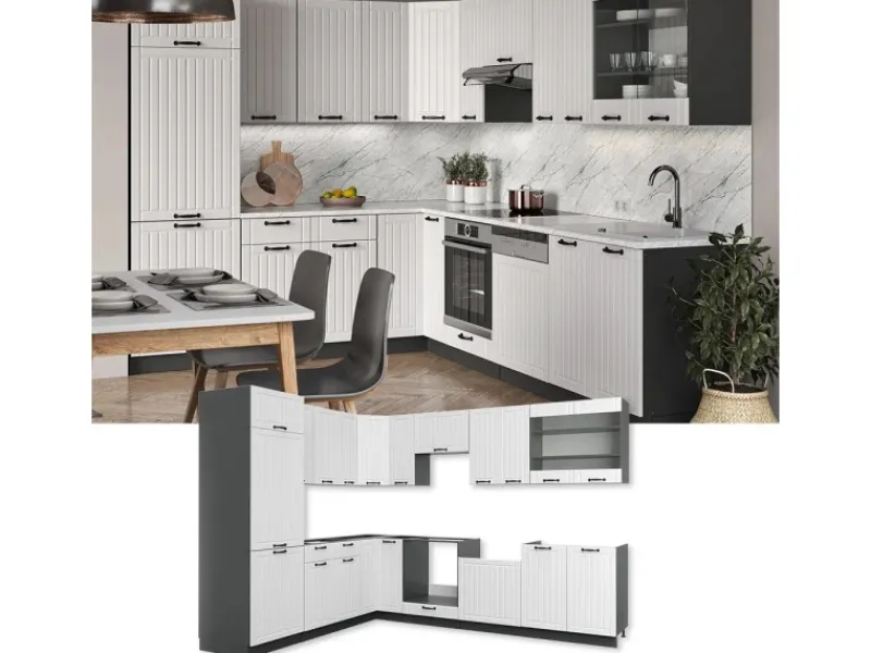 Discount Vicco Fame-Line Eckküche Weiß Landhaus/Anthrazit 227 x 287 cm AP Anthrazit ohne E-Geräte Winkelküchen