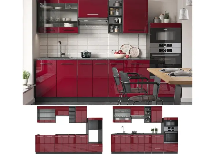 Einbauküchen<Vicco Fame-Line Küchenschränke Bordeaux Hochglanz/Anthrazit 280 cm AP Anthrazit ohne E-Geräte Brilliant Bordeaux