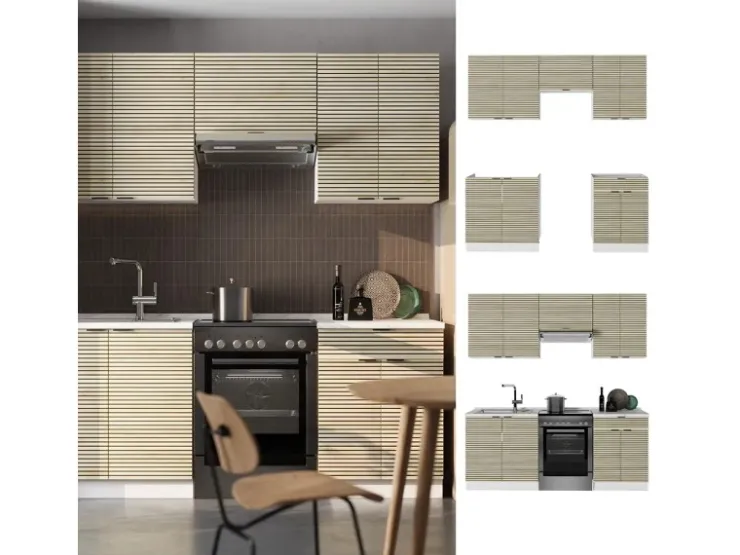 Discount Vicco Fame-Line Küchenschränke Eiche Paneel/Weiß 200 cm AP Marmor ohne E-Geräte Berghütten Eiche