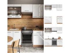 New Vicco Fame-Line Küchenschränke Weiß Hochglanz/Goldkraft Eiche 200 cm AP Anthrazit ohne E-Geräte Hochglanz Weiß