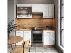 New Vicco Fame-Line Küchenschränke Weiß Hochglanz/Goldkraft Eiche 200 cm AP Anthrazit ohne E-Geräte Hochglanz Weiß