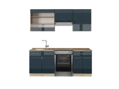 Einbauküchen<Vicco Fame-Line Küchenschränke Hochglanz/Goldkraft Eiche 200 cm AP Eiche ohne E-Geräte Dunkelblau