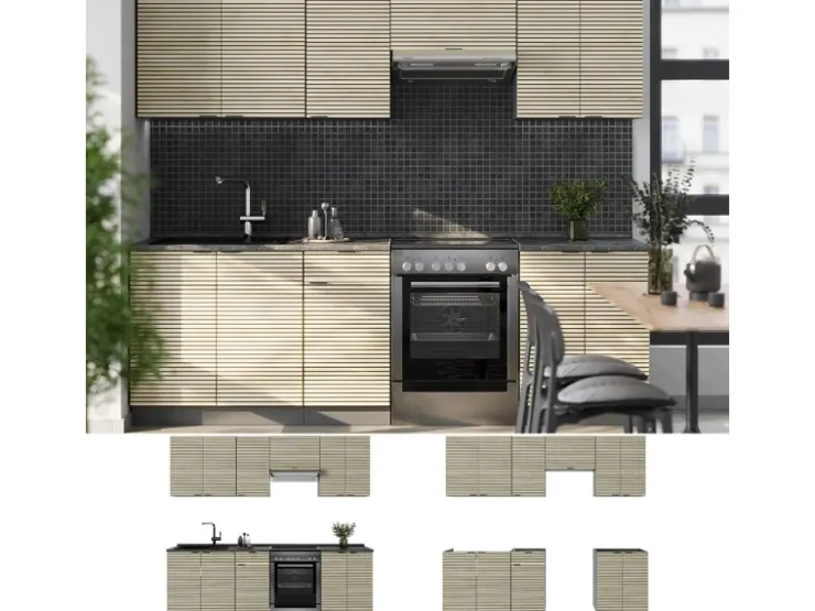 Einbauküchen<Vicco Fame-Line Küchenschränke Eiche Paneel/Anthrazit 240 cm AP Marmor ohne E-Geräte Brauhaus Eiche