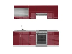 Clearance Vicco Fame-Line Küchenschränke Bordeaux Hochglanz/Weiß 240 cm AP Marmor ohne E-Geräte Einbauküchen