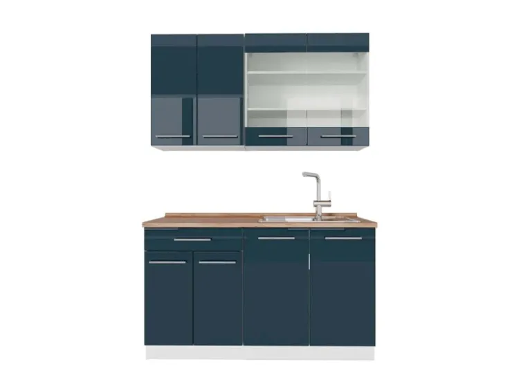 Vicco Fame-Line Küchenschränke Hochglanz/Weiß 140 cm AP Eiche ohne E-Geräte Dunkelblau