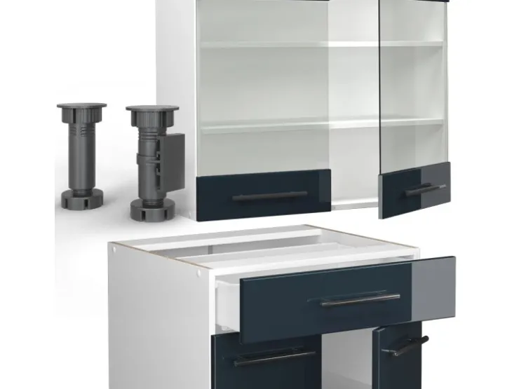 Vicco Fame-Line Küchenschränke Hochglanz/Weiß 140 cm AP Eiche ohne E-Geräte Dunkelblau