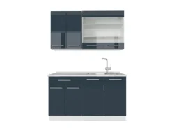 Single-Küchen<Vicco Fame-Line Küchenschränke Hochglanz/Weiß 140 cm AP Marmor ohne E-Geräte Dunkelblau
