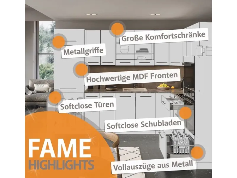 Best Vicco Fame-Line Küchenschränke Hochglanz/Goldkraft Eiche 160 x 60 cm ohne Arbeitsplatte ohne E-Geräte Zubehör Für Küchenarmatur|Winkelküchen