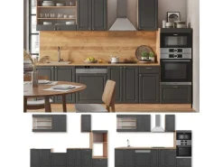New Vicco Fame-Line Küchenzeile Anthrazit Landhaus/Goldkraft Eiche 300 cm mit HochschrankAP Anthrazit ohne E-Geräte Anthrazit Struktur