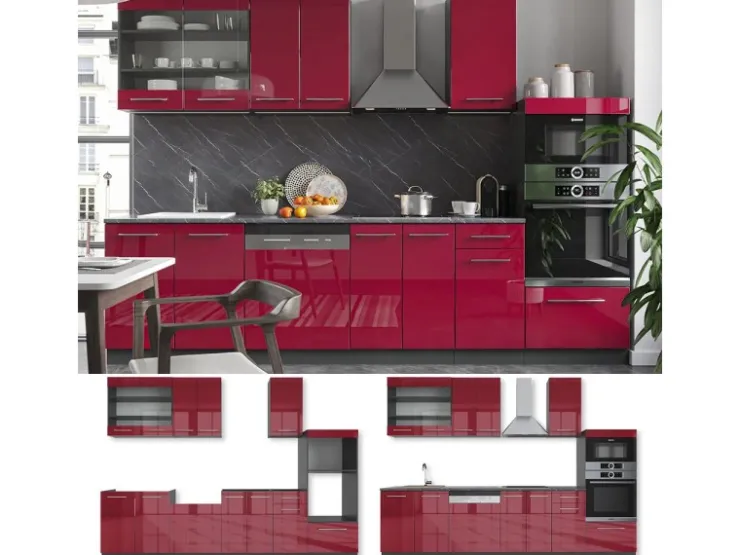 Einbauküchen<Vicco Fame-Line Küchenzeile Bordeaux Hochglanz/Anthrazit 300 cm mit HochschrankAP Anthrazit ohne E-Geräte Brilliant Bordeaux