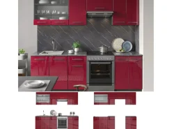 Hot Vicco Fame-Line Küchenzeile Bordeaux Hochglanz/Anthrazit 240 cm AP Marmor ohne E-Geräte Einbauküchen