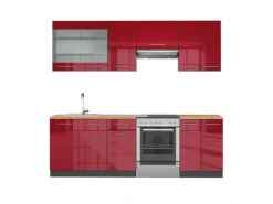 New Vicco Fame-Line Küchenzeile Bordeaux Hochglanz 240 cm AP Eiche ohne E-Geräte Einbauküchen