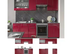 New Vicco Fame-Line Küchenzeile Bordeaux Hochglanz 240 cm AP Eiche ohne E-Geräte Einbauküchen