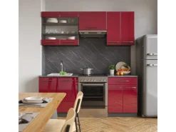 Clearance Vicco Fame-Line Küchenzeile Bordeaux Hochglanz/Anthrazit 200 cm AP Marmor ohne E-Geräte Brilliant Bordeaux