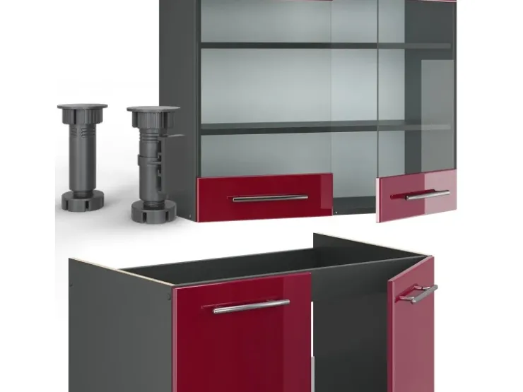Clearance Vicco Fame-Line Küchenzeile Bordeaux Hochglanz/Anthrazit 200 cm AP Marmor ohne E-Geräte Brilliant Bordeaux