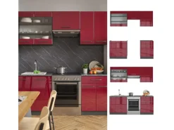 New Vicco Fame-Line Küchenzeile Bordeaux Hochglanz/Anthrazit 200 cm ohne Arbeitsplatte ohne E-Geräte Kühlschränke