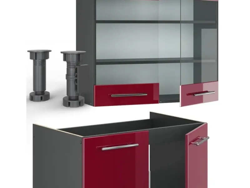 New Vicco Fame-Line Küchenzeile Bordeaux Hochglanz/Anthrazit 200 cm ohne Arbeitsplatte ohne E-Geräte Kühlschränke