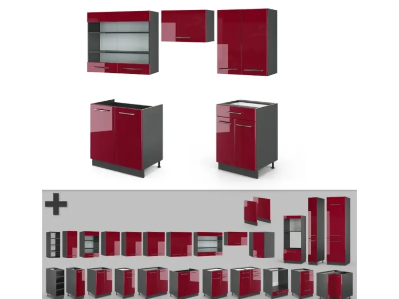 New Vicco Fame-Line Küchenzeile Bordeaux Hochglanz/Anthrazit 200 cm ohne Arbeitsplatte ohne E-Geräte Kühlschränke