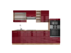 Clearance Vicco Fame-Line Küchenzeile Bordeaux Hochglanz/Goldkraft Eiche 280 cm ohne Arbeitsplatte ohne E-Geräte Bordeaux-Glanz