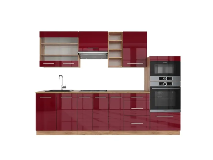 Clearance Vicco Fame-Line Küchenzeile Bordeaux Hochglanz/Goldkraft Eiche 280 cm ohne Arbeitsplatte ohne E-Geräte Bordeaux-Glanz