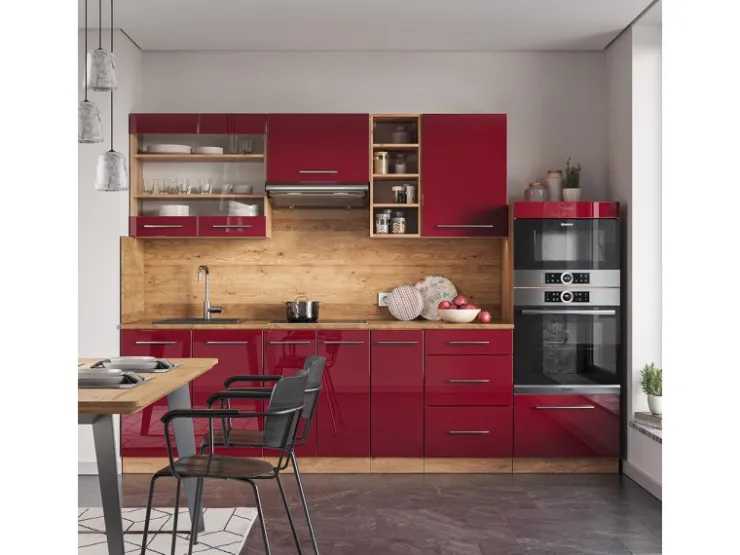 Clearance Vicco Fame-Line Küchenzeile Bordeaux Hochglanz/Goldkraft Eiche 280 cm ohne Arbeitsplatte ohne E-Geräte Bordeaux-Glanz