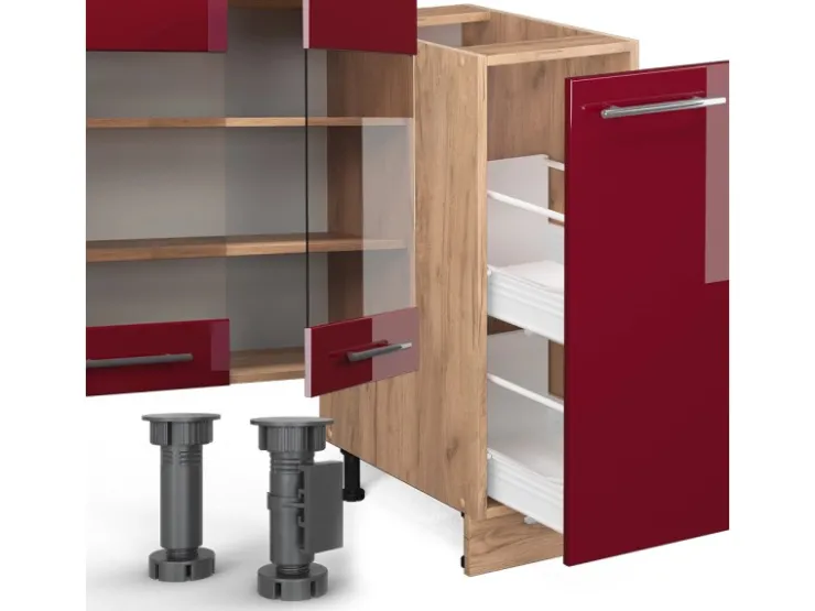 Clearance Vicco Fame-Line Küchenzeile Bordeaux Hochglanz/Goldkraft Eiche 280 cm ohne Arbeitsplatte ohne E-Geräte Bordeaux-Glanz
