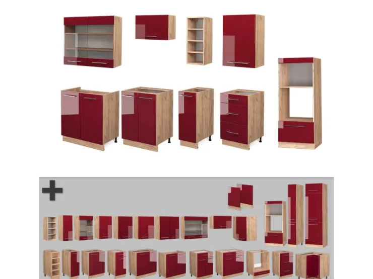 Clearance Vicco Fame-Line Küchenzeile Bordeaux Hochglanz/Goldkraft Eiche 280 cm ohne Arbeitsplatte ohne E-Geräte Bordeaux-Glanz