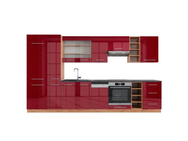Clearance Vicco Fame-Line Küchenzeile Bordeaux Hochglanz/Goldkraft Eiche 355 cm AP Anthrazit ohne E-Geräte Einbauküchen