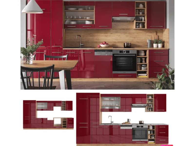 Clearance Vicco Fame-Line Küchenzeile Bordeaux Hochglanz/Goldkraft Eiche 355 cm AP Anthrazit ohne E-Geräte Einbauküchen