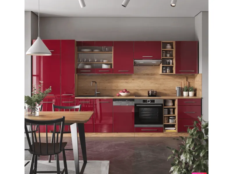 Clearance Vicco Fame-Line Küchenzeile Bordeaux Hochglanz/Goldkraft Eiche 355 cm AP Anthrazit ohne E-Geräte Einbauküchen