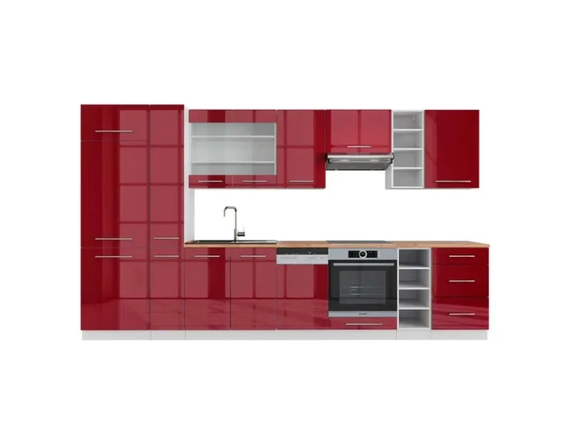 Vicco Fame-Line Küchenzeile Bordeaux Hochglanz/Weiß 355 cm AP Eiche ohne E-Geräte Einbauküchen