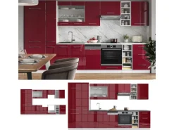 Vicco Fame-Line Küchenzeile Bordeaux Hochglanz/Weiß 355 cm AP Eiche ohne E-Geräte Einbauküchen