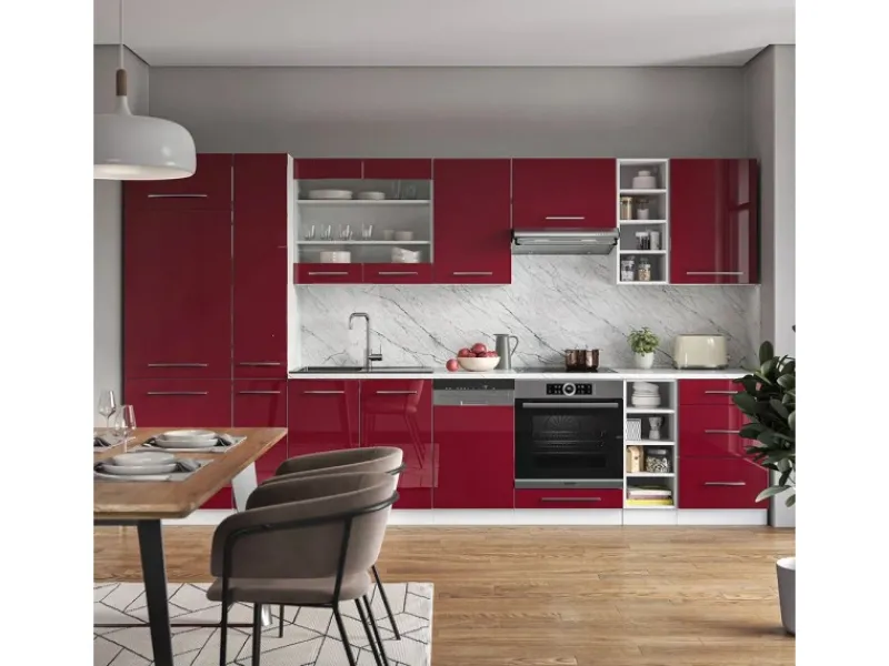 Vicco Fame-Line Küchenzeile Bordeaux Hochglanz/Weiß 355 cm AP Eiche ohne E-Geräte Einbauküchen