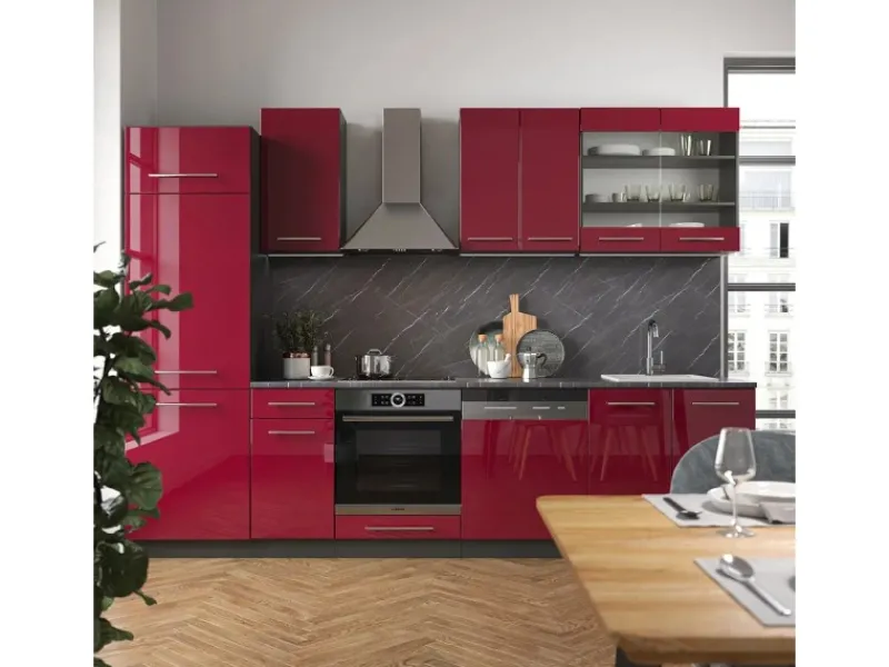 Best Vicco Fame-Line Küchenzeile Bordeaux Hochglanz/Anthrazit 300 cm AP Anthrazit ohne E-Geräte Zubehör Für Küchenarmatur|Einbauküchen