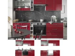 Vicco Fame-Line Küchenzeile Bordeaux Hochglanz/Weiß 235 cm AP Eiche ohne E-Geräte Brilliant Bordeaux