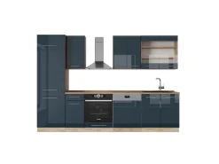 Discount Vicco Fame-Line Küchenzeile Hochglanz/Goldkraft Eiche 300 cm ohne Arbeitsplatte ohne E-Geräte Dunkelblau