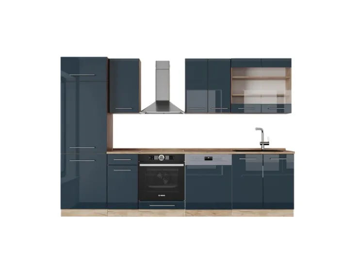 Discount Vicco Fame-Line Küchenzeile Hochglanz/Goldkraft Eiche 300 cm ohne Arbeitsplatte ohne E-Geräte Dunkelblau
