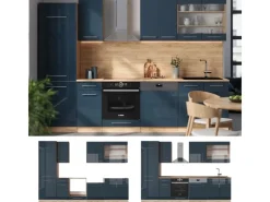Discount Vicco Fame-Line Küchenzeile Hochglanz/Goldkraft Eiche 300 cm ohne Arbeitsplatte ohne E-Geräte Dunkelblau
