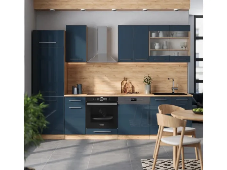 Discount Vicco Fame-Line Küchenzeile Hochglanz/Goldkraft Eiche 300 cm ohne Arbeitsplatte ohne E-Geräte Dunkelblau