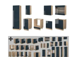 Discount Vicco Fame-Line Küchenzeile Hochglanz/Goldkraft Eiche 300 cm ohne Arbeitsplatte ohne E-Geräte Dunkelblau