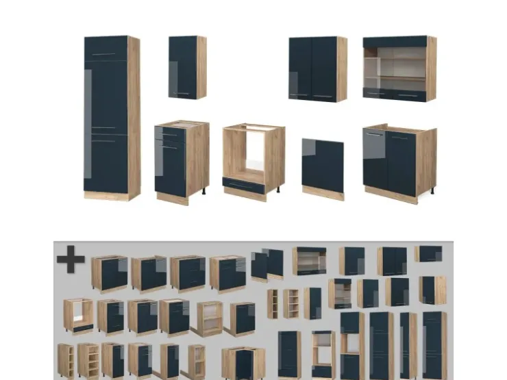 Discount Vicco Fame-Line Küchenzeile Hochglanz/Goldkraft Eiche 300 cm ohne Arbeitsplatte ohne E-Geräte Dunkelblau