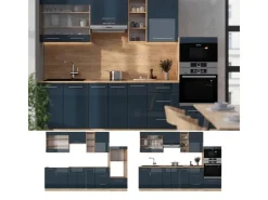 Herde|Kochfelder<Vicco Fame-Line Küchenzeile Hochglanz/Goldkraft Eiche 280 cm ohne Arbeitsplatte ohne E-Geräte Dunkelblau