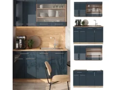 Single-Küchen<Vicco Fame-Line Küchenzeile Hochglanz/Goldkraft Eiche 140 cm ohne Arbeitsplatte ohne E-Geräte Dunkelblau
