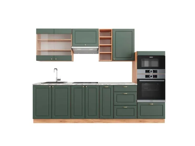 Best Vicco Fame-Line Küchenzeile -Gold Landhaus/Goldkraft Eiche 280 cm AP Marmor ohne E-Geräte Grün