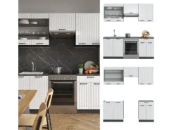 Einbauküchen<Vicco Fame-Line Küchenzeile Weiß Landhaus/Anthrazit 200 cm ohne Arbeitsplatte ohne E-Geräte Weiß Strukturiert