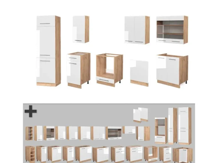 Einbauküchen<Vicco Fame-Line Küchenzeile Weiß Hochglanz/Goldkraft Eiche 300 cm ohne Arbeitsplatte ohne E-Geräte Hochglanz Weiß