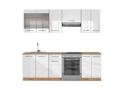 Outlet Vicco Fame-Line Küchenzeile Weiß Hochglanz/Goldkraft Eiche 240 cm ohne Arbeitsplatte ohne E-Geräte Einbauküchen